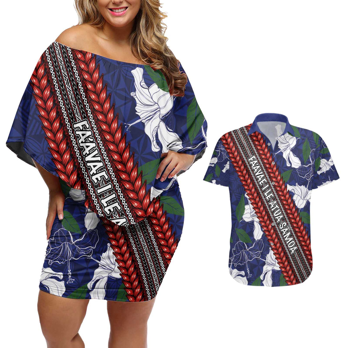 Samoan Culture Couples Matching Off Shoulder Short Dress and Hawaiian Shirt Hibiscus and Ula Fala with Tapa Pattern Blue Color LT03 Blue - Polynesian Pride