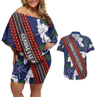 Samoan Culture Couples Matching Off Shoulder Short Dress and Hawaiian Shirt Hibiscus and Ula Fala with Tapa Pattern Blue Color LT03 Blue - Polynesian Pride