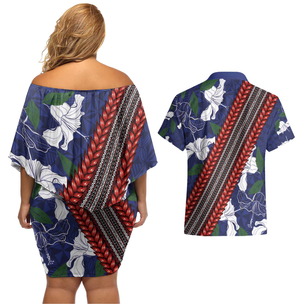Samoan Culture Couples Matching Off Shoulder Short Dress and Hawaiian Shirt Hibiscus and Ula Fala with Tapa Pattern Blue Color LT03 - Polynesian Pride