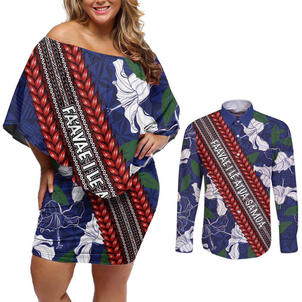 Samoan Culture Couples Matching Off Shoulder Short Dress and Long Sleeve Button Shirt Hibiscus and Ula Fala with Tapa Pattern Blue Color LT03 Blue - Polynesian Pride