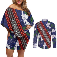 Samoan Culture Couples Matching Off Shoulder Short Dress and Long Sleeve Button Shirt Hibiscus and Ula Fala with Tapa Pattern Blue Color LT03 Blue - Polynesian Pride