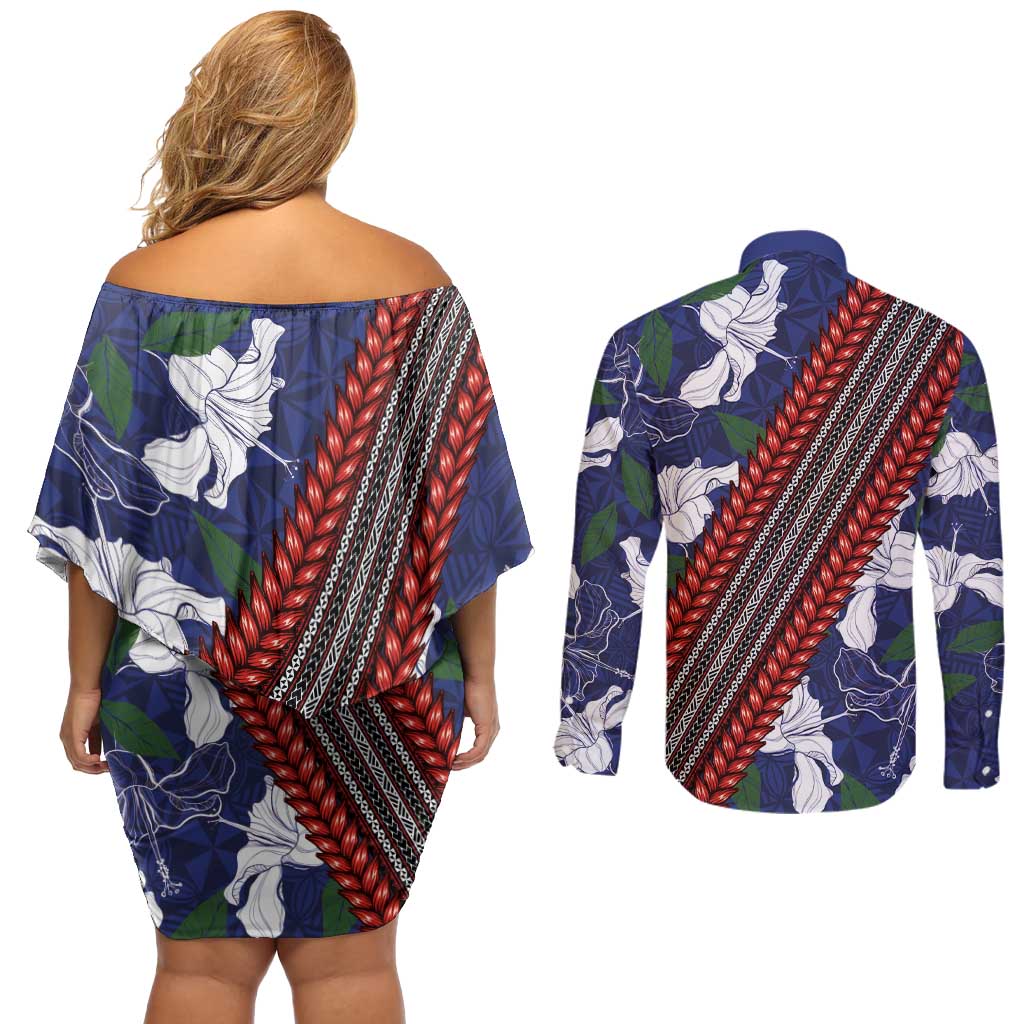 Samoan Culture Couples Matching Off Shoulder Short Dress and Long Sleeve Button Shirt Hibiscus and Ula Fala with Tapa Pattern Blue Color LT03 - Polynesian Pride