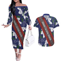 Samoan Culture Couples Matching Off The Shoulder Long Sleeve Dress and Hawaiian Shirt Hibiscus and Ula Fala with Tapa Pattern Blue Color LT03 Blue - Polynesian Pride