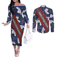 Samoan Culture Couples Matching Off The Shoulder Long Sleeve Dress and Long Sleeve Button Shirt Hibiscus and Ula Fala with Tapa Pattern Blue Color LT03 Blue - Polynesian Pride