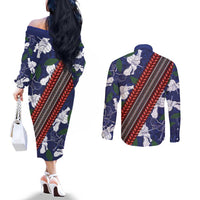 Samoan Culture Couples Matching Off The Shoulder Long Sleeve Dress and Long Sleeve Button Shirt Hibiscus and Ula Fala with Tapa Pattern Blue Color LT03 - Polynesian Pride