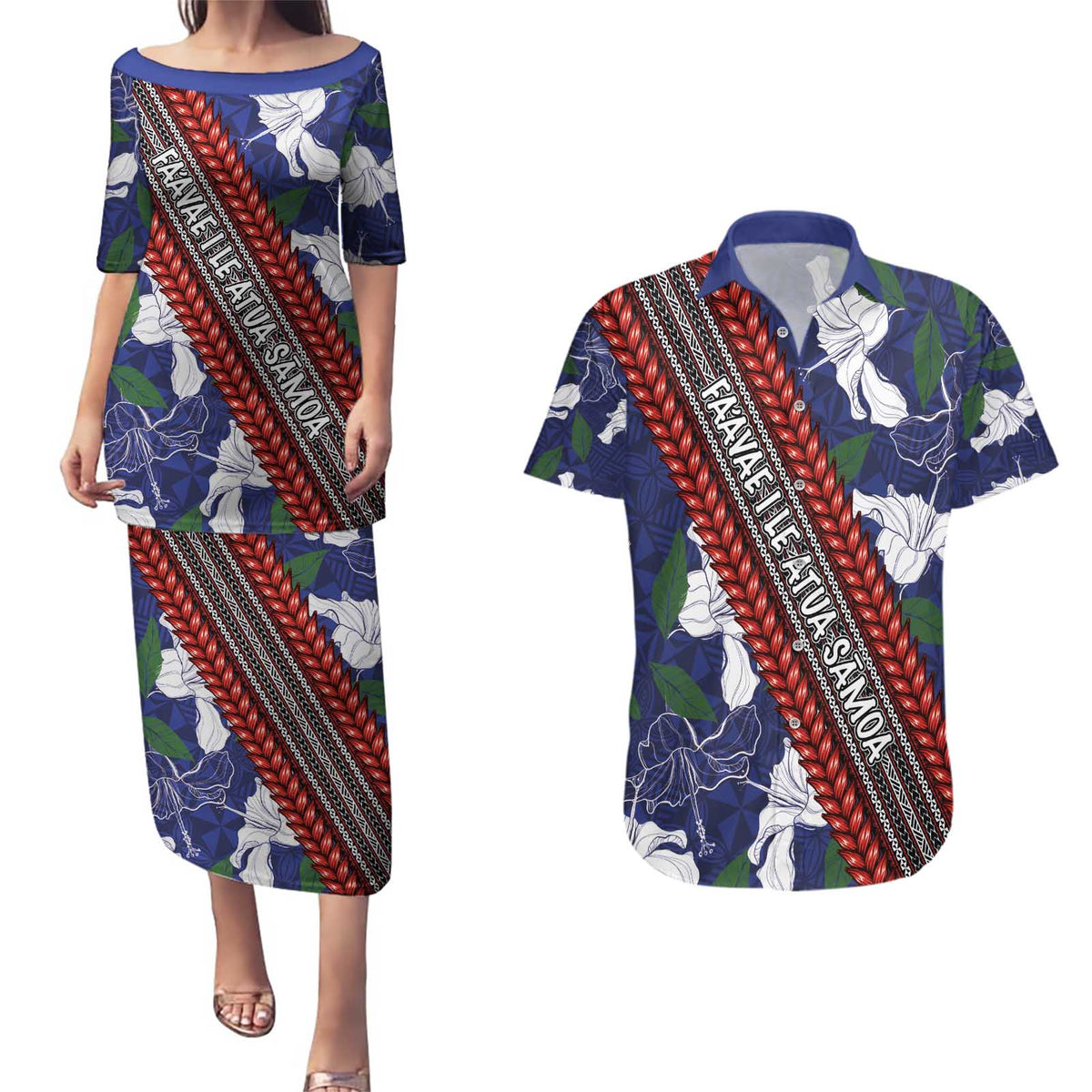 Samoan Culture Couples Matching Puletasi and Hawaiian Shirt Hibiscus and Ula Fala with Tapa Pattern Blue Color LT03 Blue - Polynesian Pride