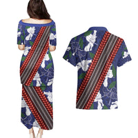 Samoan Culture Couples Matching Puletasi and Hawaiian Shirt Hibiscus and Ula Fala with Tapa Pattern Blue Color LT03 - Polynesian Pride
