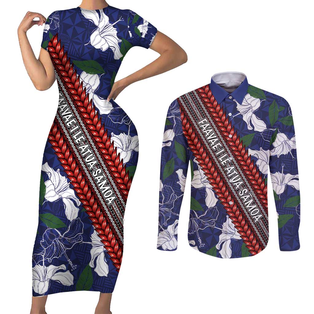 Samoan Culture Couples Matching Short Sleeve Bodycon Dress and Long Sleeve Button Shirt Hibiscus and Ula Fala with Tapa Pattern Blue Color LT03 Blue - Polynesian Pride