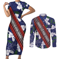 Samoan Culture Couples Matching Short Sleeve Bodycon Dress and Long Sleeve Button Shirt Hibiscus and Ula Fala with Tapa Pattern Blue Color LT03 Blue - Polynesian Pride