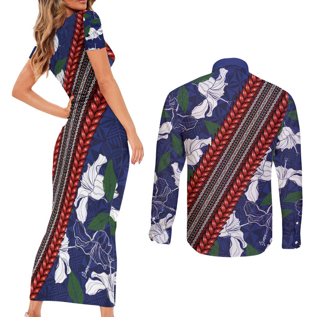 Samoan Culture Couples Matching Short Sleeve Bodycon Dress and Long Sleeve Button Shirt Hibiscus and Ula Fala with Tapa Pattern Blue Color LT03 - Polynesian Pride