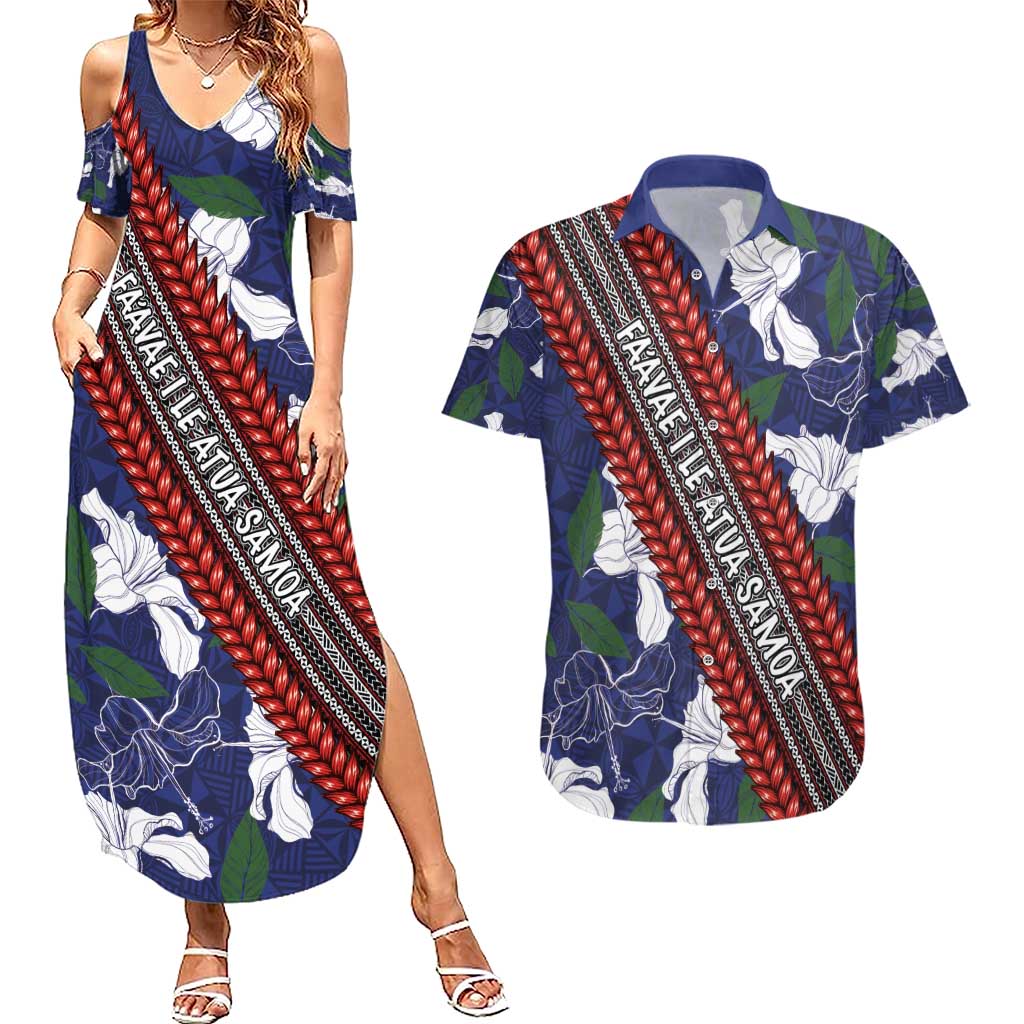 Samoan Culture Couples Matching Summer Maxi Dress and Hawaiian Shirt Hibiscus and Ula Fala with Tapa Pattern Blue Color LT03 Blue - Polynesian Pride