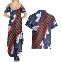 Samoan Culture Couples Matching Summer Maxi Dress and Hawaiian Shirt Hibiscus and Ula Fala with Tapa Pattern Blue Color LT03 - Polynesian Pride