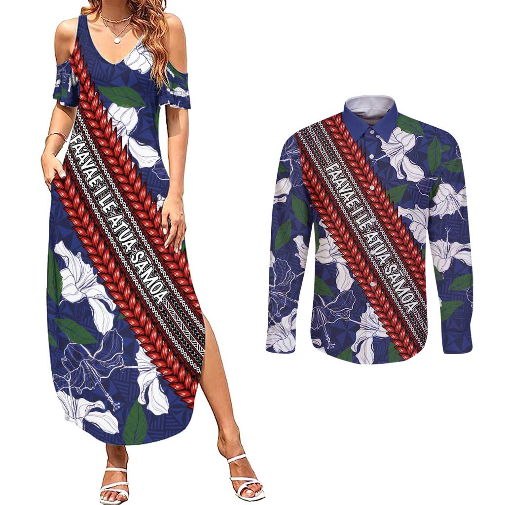 Samoan Culture Couples Matching Summer Maxi Dress and Long Sleeve Button Shirt Hibiscus and Ula Fala with Tapa Pattern Blue Color LT03 Blue - Polynesian Pride