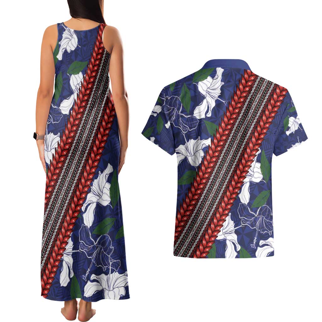 Samoan Culture Couples Matching Tank Maxi Dress and Hawaiian Shirt Hibiscus and Ula Fala with Tapa Pattern Blue Color LT03 - Polynesian Pride