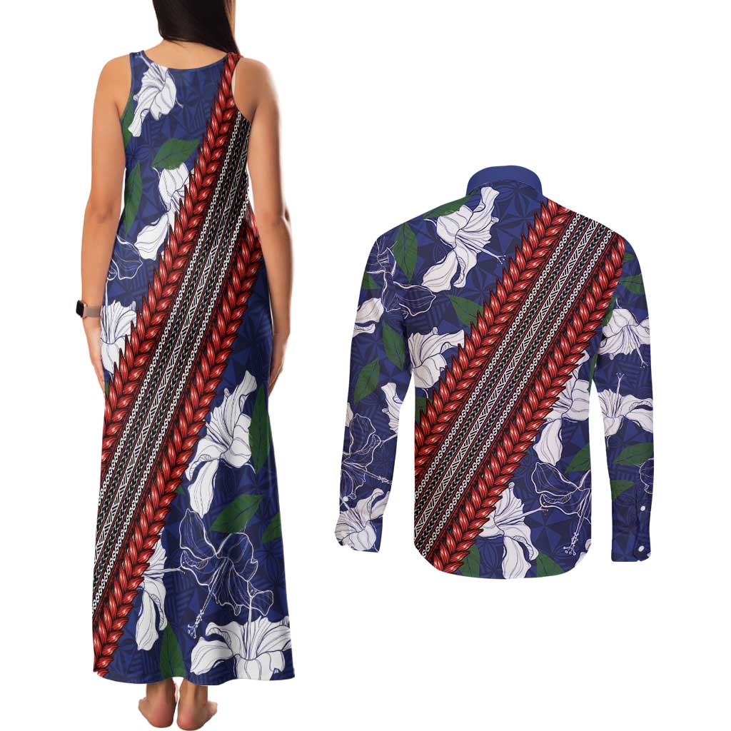 Samoan Culture Couples Matching Tank Maxi Dress and Long Sleeve Button Shirt Hibiscus and Ula Fala with Tapa Pattern Blue Color LT03 - Polynesian Pride
