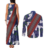 Samoan Culture Couples Matching Tank Maxi Dress and Long Sleeve Button Shirt Hibiscus and Ula Fala with Tapa Pattern Blue Color LT03 - Polynesian Pride