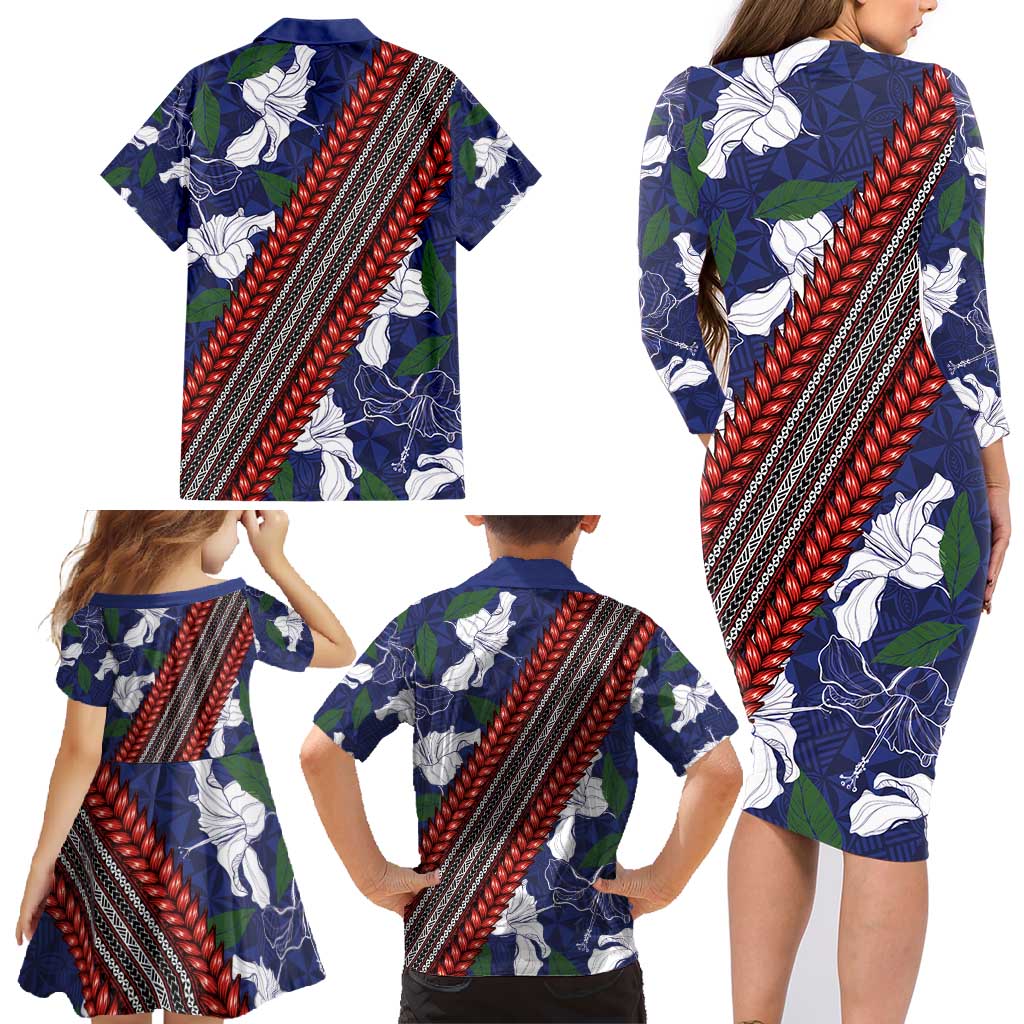 Samoan Culture Family Matching Long Sleeve Bodycon Dress and Hawaiian Shirt Hibiscus and Ula Fala with Tapa Pattern Blue Color LT03 - Polynesian Pride