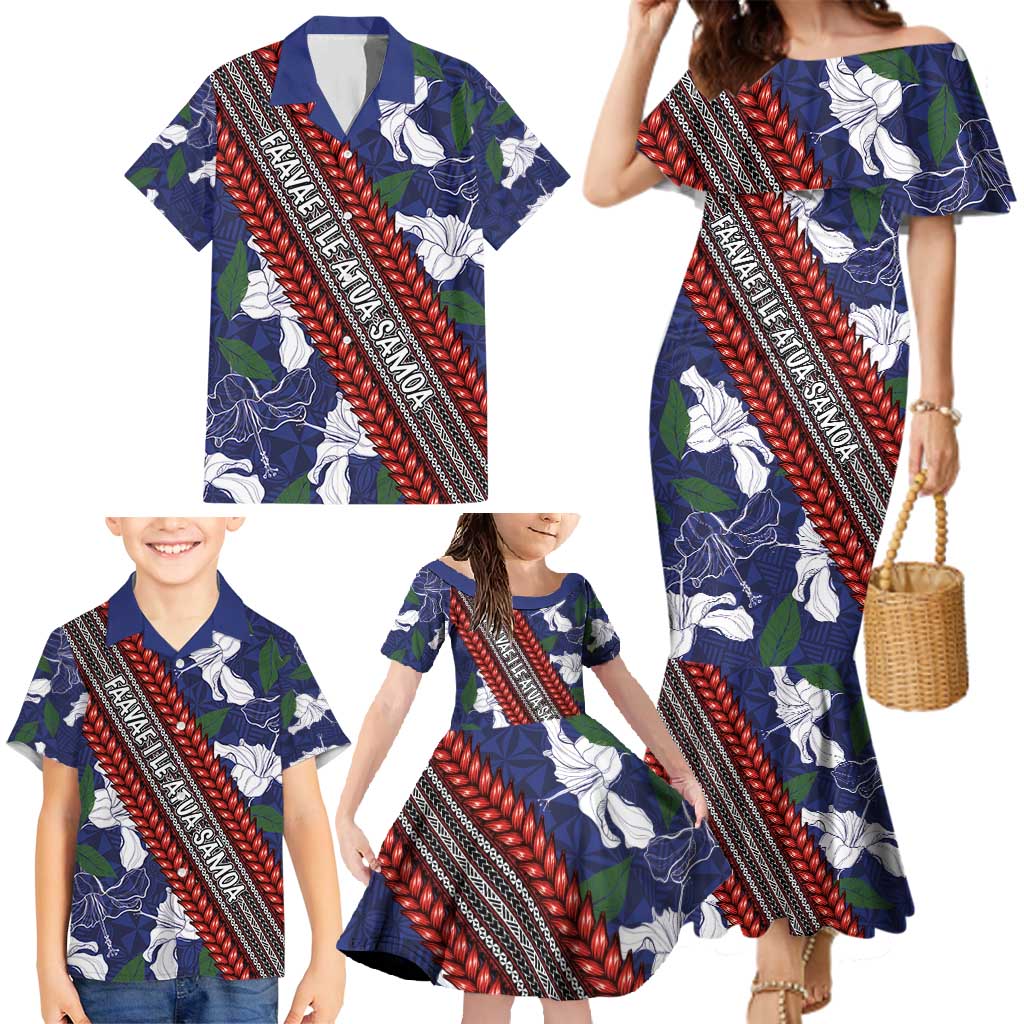 Samoan Culture Family Matching Mermaid Dress and Hawaiian Shirt Hibiscus and Ula Fala with Tapa Pattern Blue Color LT03 - Polynesian Pride