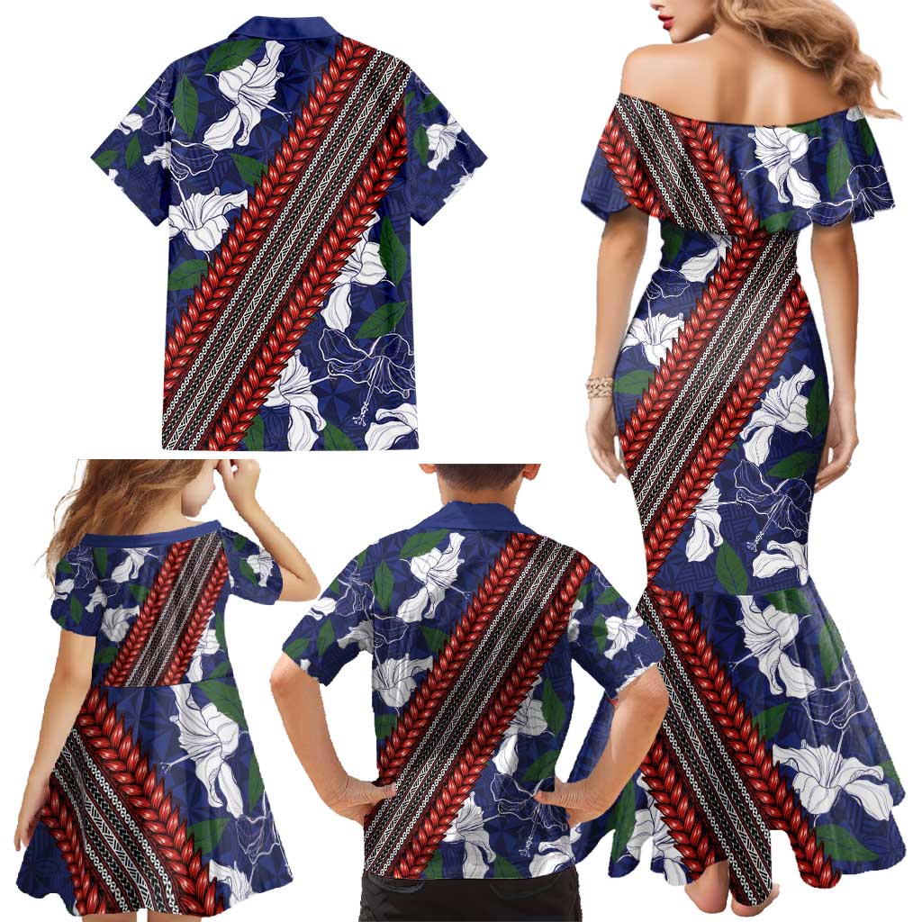 Samoan Culture Family Matching Mermaid Dress and Hawaiian Shirt Hibiscus and Ula Fala with Tapa Pattern Blue Color LT03 - Polynesian Pride