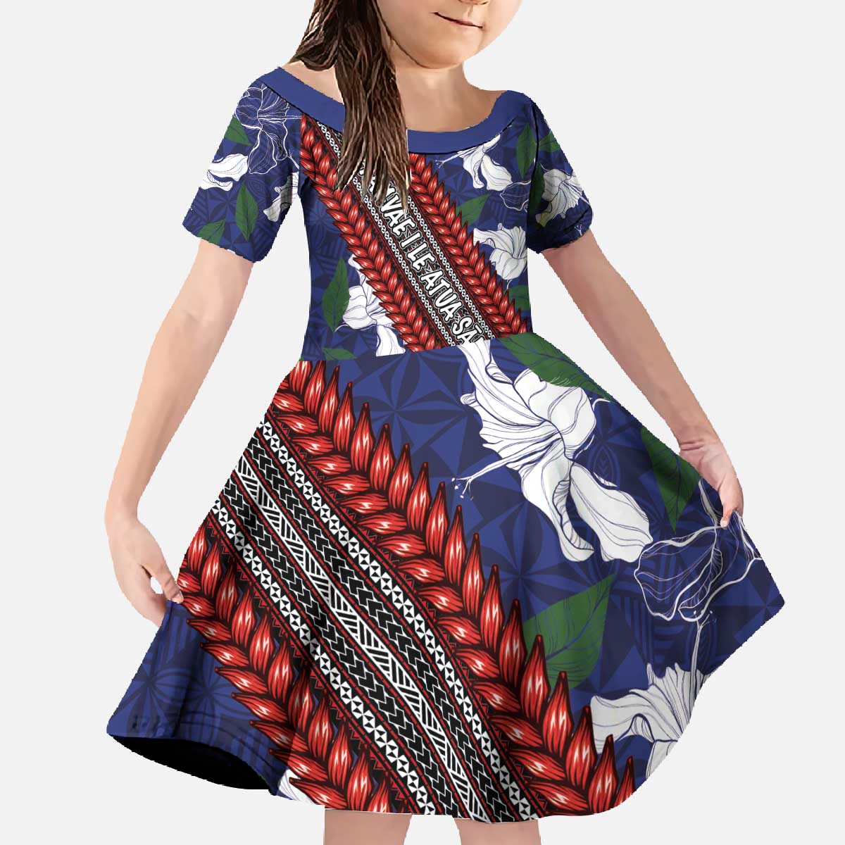 Samoan Culture Family Matching Off The Shoulder Long Sleeve Dress and Hawaiian Shirt Hibiscus and Ula Fala with Tapa Pattern Blue Color LT03 Daughter's Dress Blue - Polynesian Pride