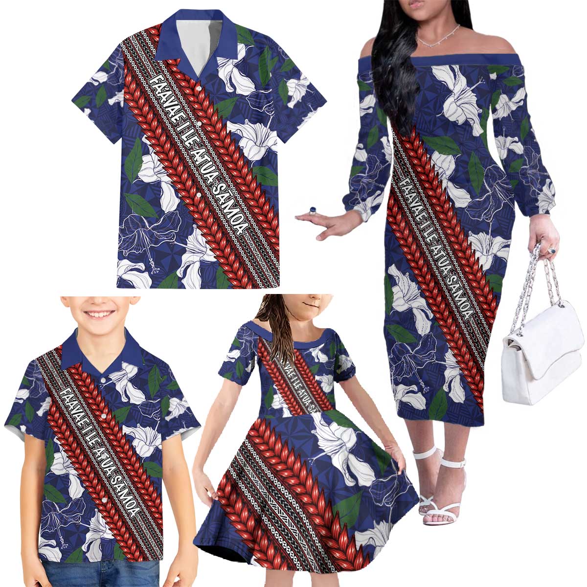 Samoan Culture Family Matching Off The Shoulder Long Sleeve Dress and Hawaiian Shirt Hibiscus and Ula Fala with Tapa Pattern Blue Color LT03 - Polynesian Pride
