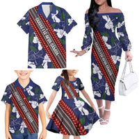 Samoan Culture Family Matching Off The Shoulder Long Sleeve Dress and Hawaiian Shirt Hibiscus and Ula Fala with Tapa Pattern Blue Color LT03 - Polynesian Pride