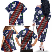 Samoan Culture Family Matching Off The Shoulder Long Sleeve Dress and Hawaiian Shirt Hibiscus and Ula Fala with Tapa Pattern Blue Color LT03 - Polynesian Pride