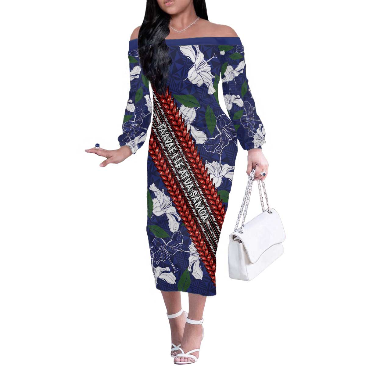 Samoan Culture Family Matching Off The Shoulder Long Sleeve Dress and Hawaiian Shirt Hibiscus and Ula Fala with Tapa Pattern Blue Color LT03 Mom's Dress Blue - Polynesian Pride