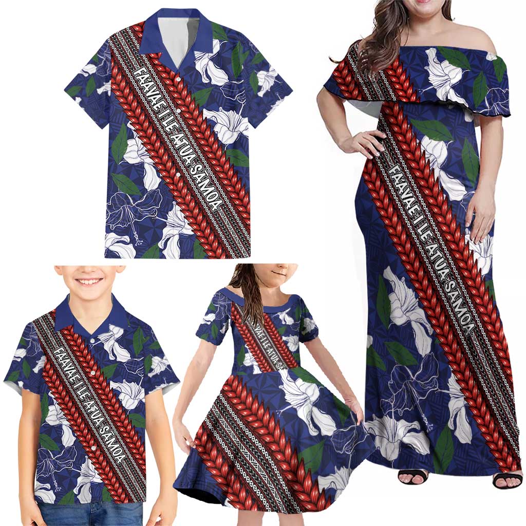 Samoan Culture Family Matching Off Shoulder Maxi Dress and Hawaiian Shirt Hibiscus and Ula Fala with Tapa Pattern Blue Color LT03 - Polynesian Pride