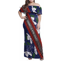 Samoan Culture Family Matching Off Shoulder Maxi Dress and Hawaiian Shirt Hibiscus and Ula Fala with Tapa Pattern Blue Color LT03 Mom's Dress Blue - Polynesian Pride