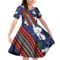 Samoan Culture Family Matching Off Shoulder Short Dress and Hawaiian Shirt Hibiscus and Ula Fala with Tapa Pattern Blue Color LT03 Daughter's Dress Blue - Polynesian Pride