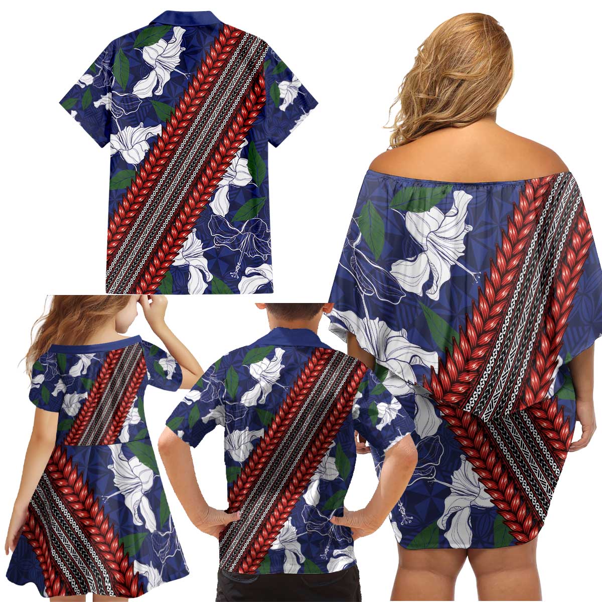 Samoan Culture Family Matching Off Shoulder Short Dress and Hawaiian Shirt Hibiscus and Ula Fala with Tapa Pattern Blue Color LT03 - Polynesian Pride