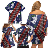 Samoan Culture Family Matching Off Shoulder Short Dress and Hawaiian Shirt Hibiscus and Ula Fala with Tapa Pattern Blue Color LT03 - Polynesian Pride