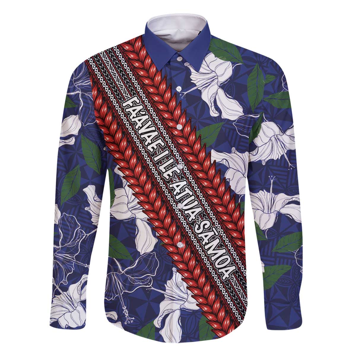 Samoan Culture Family Matching Off Shoulder Short Dress and Hawaiian Shirt Hibiscus and Ula Fala with Tapa Pattern Blue Color LT03 Dad's Shirt - Long Sleeve Blue - Polynesian Pride