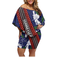 Samoan Culture Family Matching Off Shoulder Short Dress and Hawaiian Shirt Hibiscus and Ula Fala with Tapa Pattern Blue Color LT03 Mom's Dress Blue - Polynesian Pride