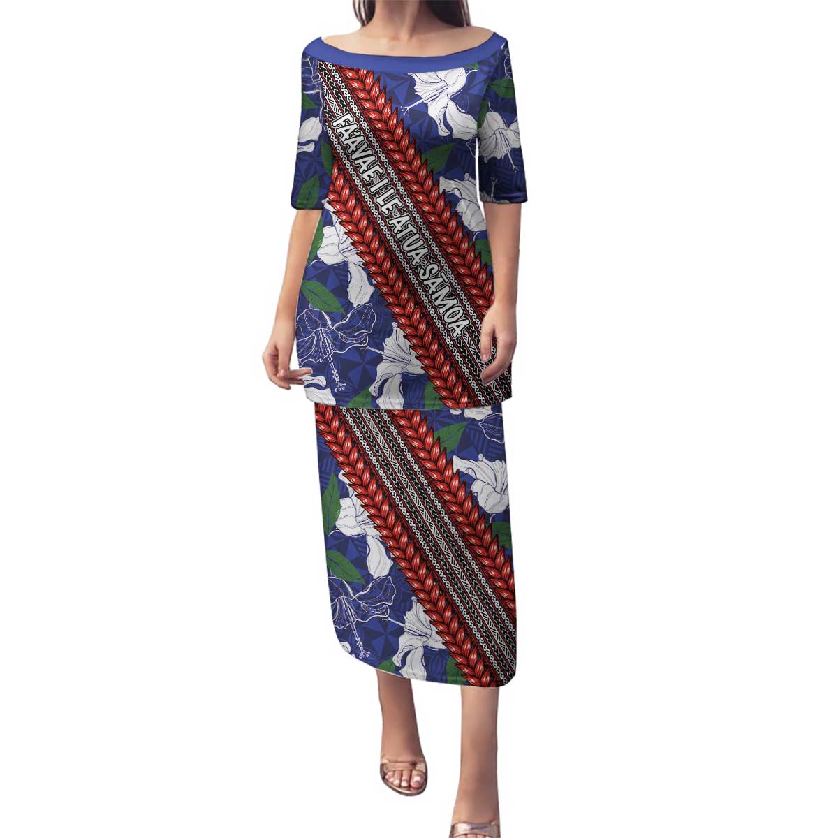 Samoan Culture Family Matching Puletasi and Hawaiian Shirt Hibiscus and Ula Fala with Tapa Pattern Blue Color LT03 Mom's Dress Blue - Polynesian Pride