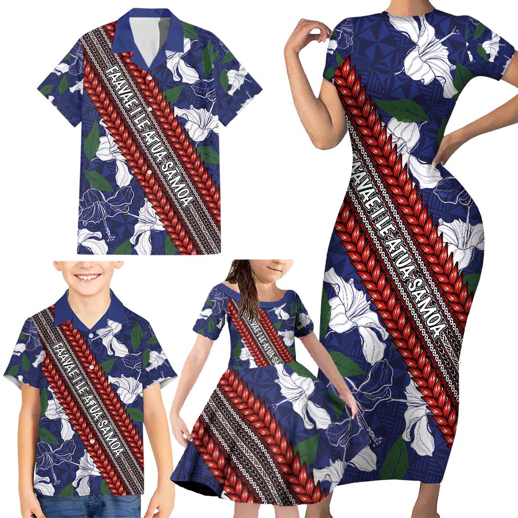 Samoan Culture Family Matching Short Sleeve Bodycon Dress and Hawaiian Shirt Hibiscus and Ula Fala with Tapa Pattern Blue Color LT03 - Polynesian Pride
