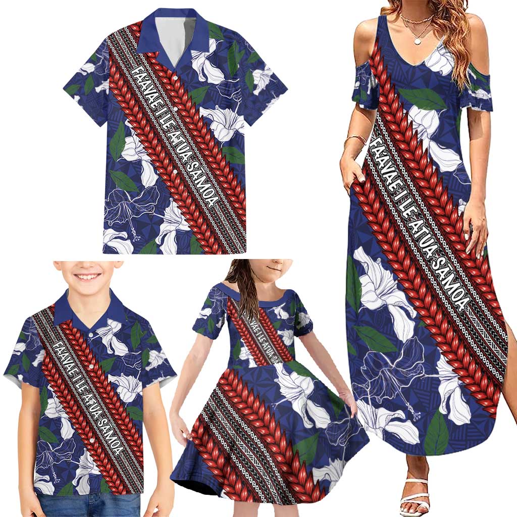 Samoan Culture Family Matching Summer Maxi Dress and Hawaiian Shirt Hibiscus and Ula Fala with Tapa Pattern Blue Color LT03 - Polynesian Pride