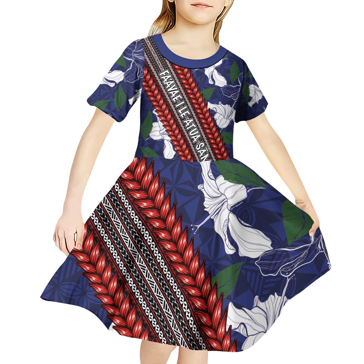 Samoan Culture Kid Short Sleeve Dress Hibiscus and Ula Fala with Tapa Pattern Blue Color LT03 - Polynesian Pride