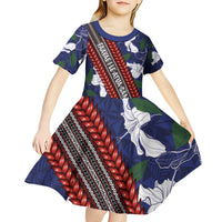 Samoan Culture Kid Short Sleeve Dress Hibiscus and Ula Fala with Tapa Pattern Blue Color LT03 - Polynesian Pride