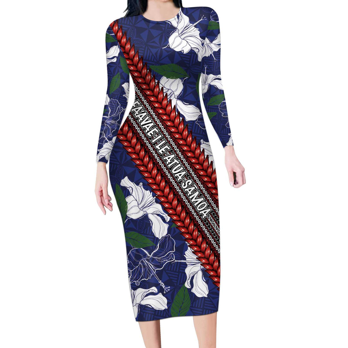 Samoan Culture Long Sleeve Bodycon Dress Hibiscus and Ula Fala with Tapa Pattern Blue Color LT03 Long Dress Blue - Polynesian Pride