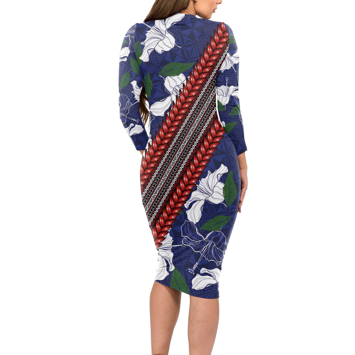 Samoan Culture Long Sleeve Bodycon Dress Hibiscus and Ula Fala with Tapa Pattern Blue Color LT03 - Polynesian Pride