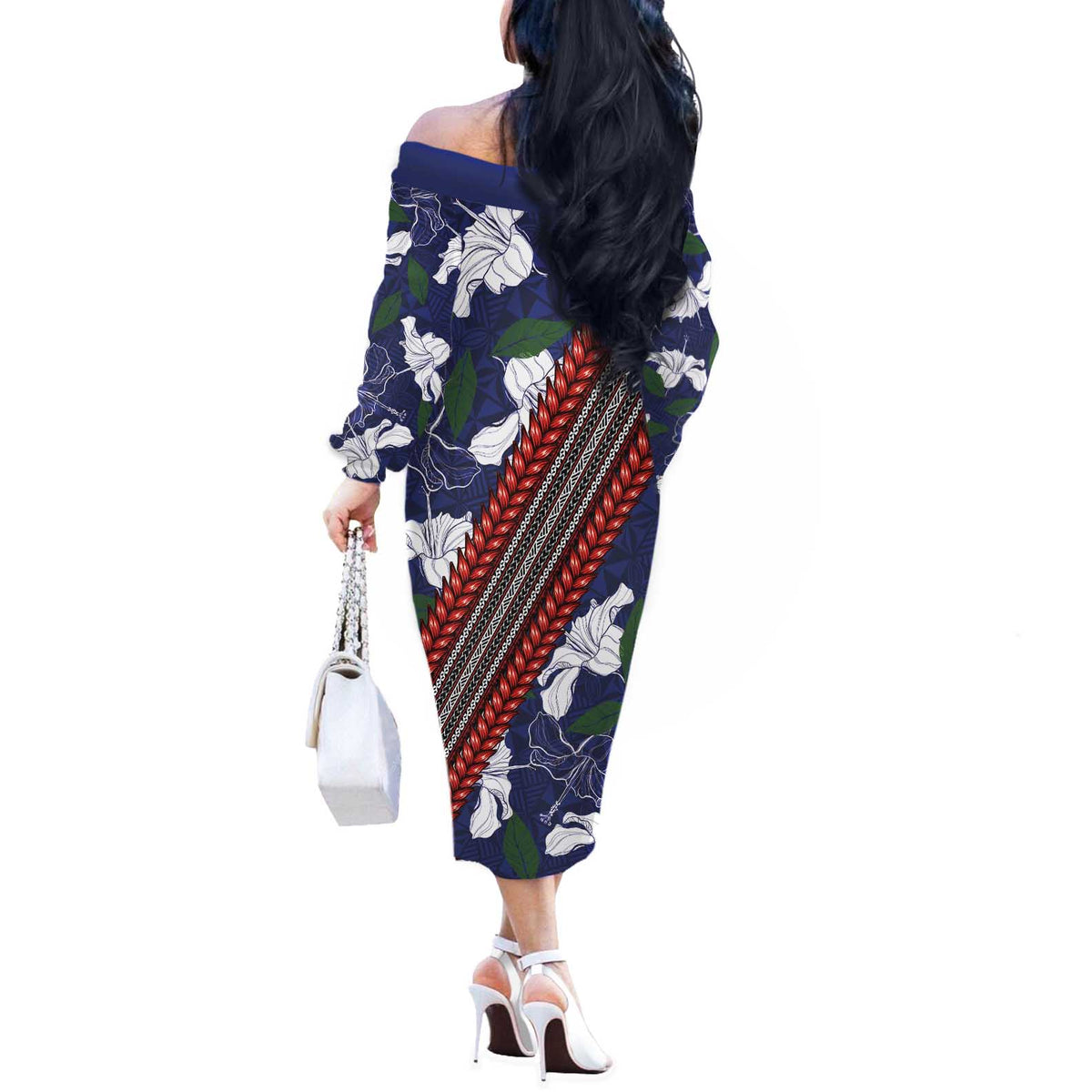 Samoan Culture Off The Shoulder Long Sleeve Dress Hibiscus and Ula Fala with Tapa Pattern Blue Color LT03 - Polynesian Pride