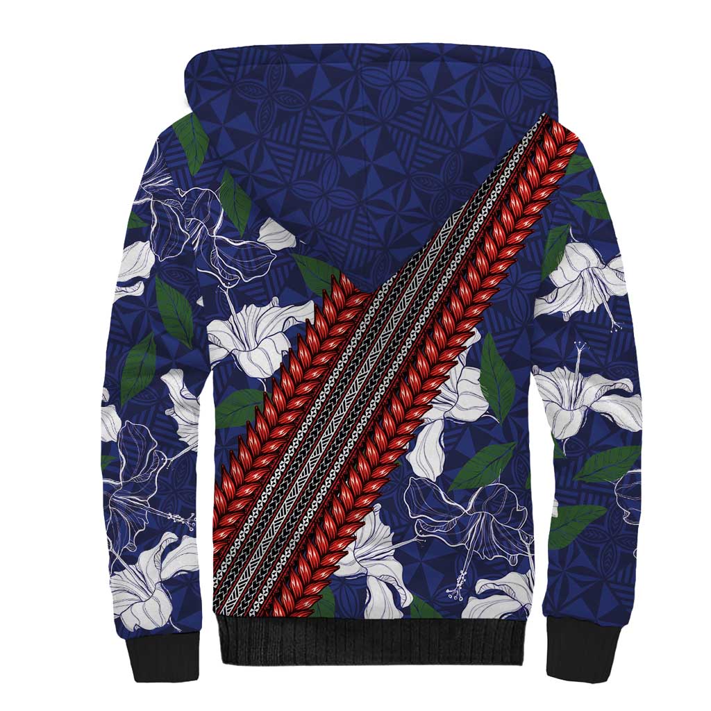 Samoan Culture Sherpa Hoodie Hibiscus and Ula Fala with Tapa Pattern Blue Color LT03 - Polynesian Pride