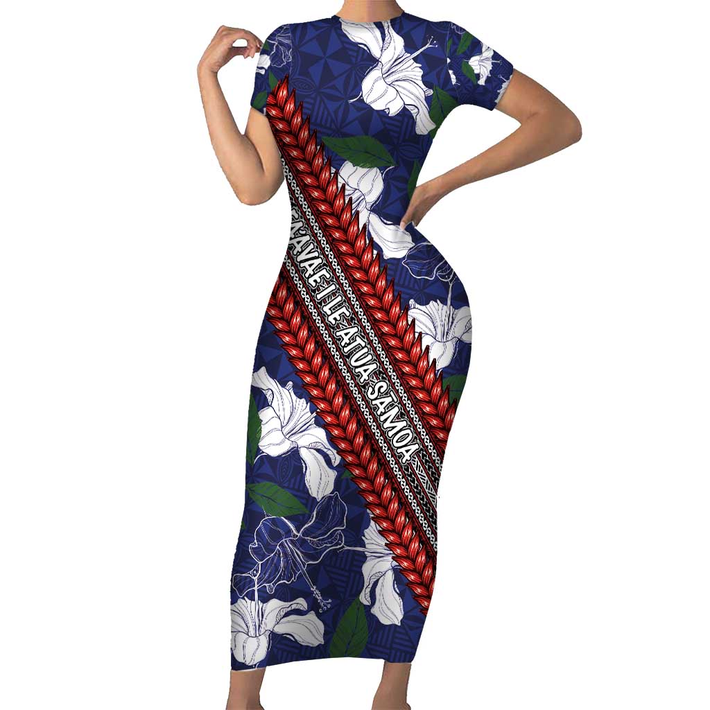 Samoan Culture Short Sleeve Bodycon Dress Hibiscus and Ula Fala with Tapa Pattern Blue Color LT03 Long Dress Blue - Polynesian Pride