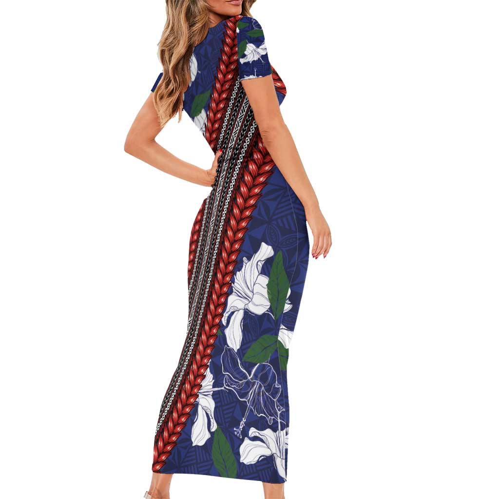 Samoan Culture Short Sleeve Bodycon Dress Hibiscus and Ula Fala with Tapa Pattern Blue Color LT03 - Polynesian Pride