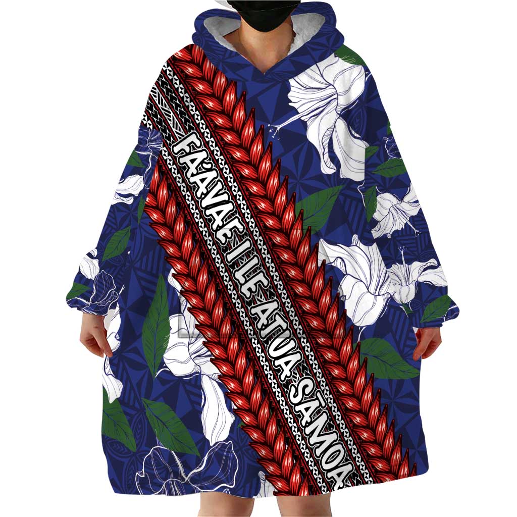 Samoan Culture Wearable Blanket Hoodie Hibiscus and Ula Fala with Tapa Pattern Blue Color LT03 - Polynesian Pride