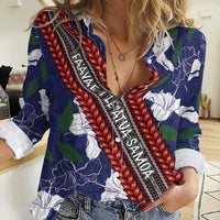 Samoan Culture Women Casual Shirt Hibiscus and Ula Fala with Tapa Pattern Blue Color LT03 Female Blue - Polynesian Pride