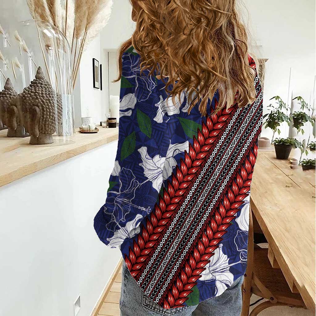 Samoan Culture Women Casual Shirt Hibiscus and Ula Fala with Tapa Pattern Blue Color LT03 - Polynesian Pride