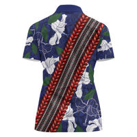 Samoan Culture Women Polo Shirt Hibiscus and Ula Fala with Tapa Pattern Blue Color